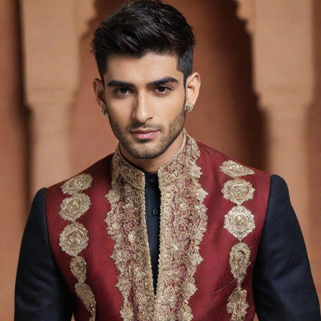 A tasteful depiction of Zayn Malik dressed in traditional Hindi attire, with tasteful Indian cultural elements in the background.