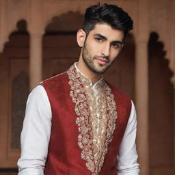 A tasteful depiction of Zayn Malik dressed in traditional Hindi attire, with tasteful Indian cultural elements in the background.