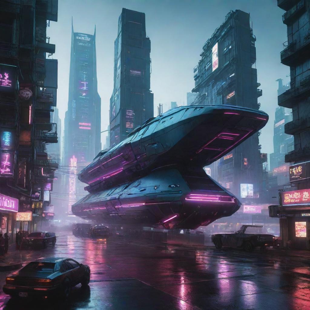 Cyberpunk-style ships, with high-tech, dystopian aesthetics, neon lights, digital interfaces, and sleek, streamlined structures amidst a gritty urban environment