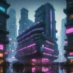 Cyberpunk-style ships, with high-tech, dystopian aesthetics, neon lights, digital interfaces, and sleek, streamlined structures amidst a gritty urban environment