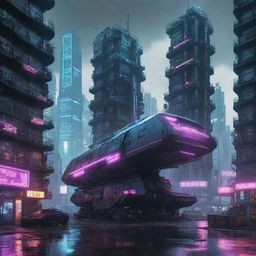 Cyberpunk-style ships, with high-tech, dystopian aesthetics, neon lights, digital interfaces, and sleek, streamlined structures amidst a gritty urban environment