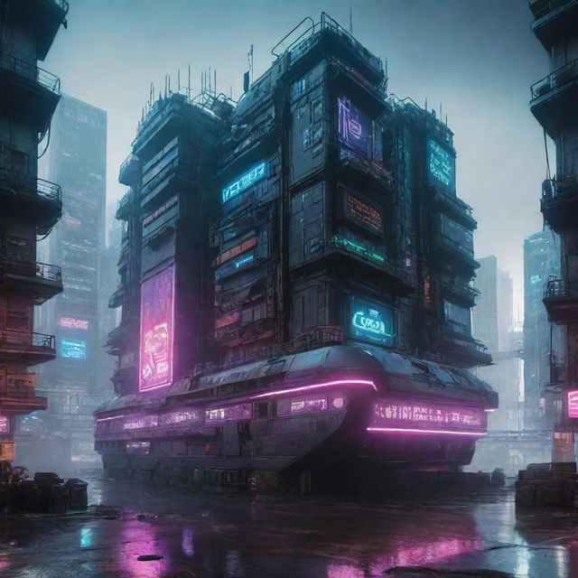 Cyberpunk-style ships, with high-tech, dystopian aesthetics, neon lights, digital interfaces, and sleek, streamlined structures amidst a gritty urban environment