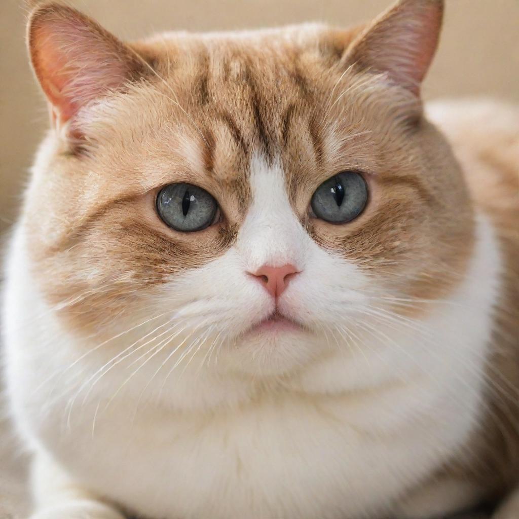 A chubby, adorable cat with shimmering eyes welled up with tears in a comforting environment.