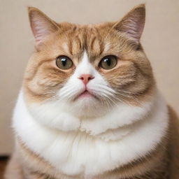 A chubby, adorable cat with shimmering eyes welled up with tears in a comforting environment.