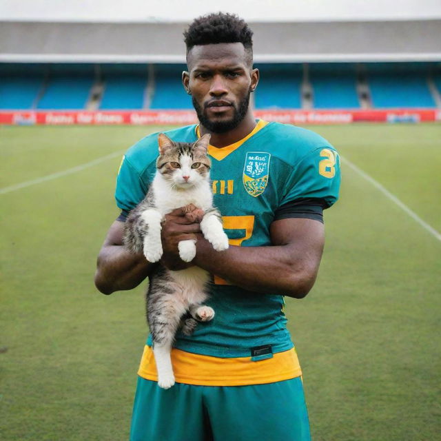 A dynamic and athletic football player in a vividly colored uniform, cradling a little domestic cat in his armoured arms, both on a football pitch.