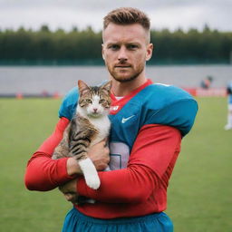 A dynamic and athletic football player in a vividly colored uniform, cradling a little domestic cat in his armoured arms, both on a football pitch.