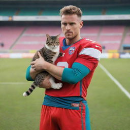 A dynamic and athletic football player in a vividly colored uniform, cradling a little domestic cat in his armoured arms, both on a football pitch.