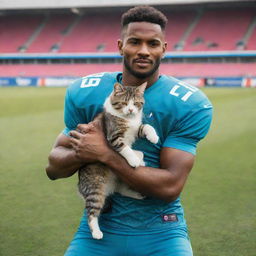 A dynamic and athletic football player in a vividly colored uniform, cradling a little domestic cat in his armoured arms, both on a football pitch.