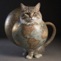 A charismatic cat, intricately detailed, confidently carrying a realistic globe lit by warm, celestial light