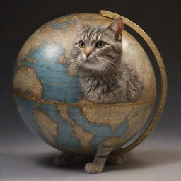 A charismatic cat, intricately detailed, confidently carrying a realistic globe lit by warm, celestial light