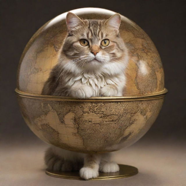 A charismatic cat, intricately detailed, confidently carrying a realistic globe lit by warm, celestial light