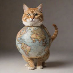 A charismatic cat, intricately detailed, confidently carrying a realistic globe lit by warm, celestial light