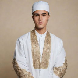 Justin Bieber wearing traditional Muslim attire with a respectful demeanor in an neutral background.