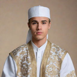 Justin Bieber wearing traditional Muslim attire with a respectful demeanor in an neutral background.