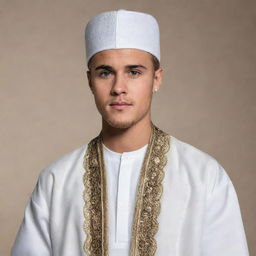 Justin Bieber wearing traditional Muslim attire with a respectful demeanor in an neutral background.