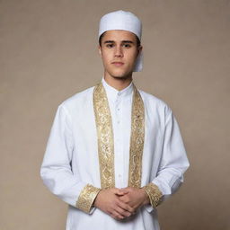 Justin Bieber wearing traditional Muslim attire with a respectful demeanor in an neutral background.