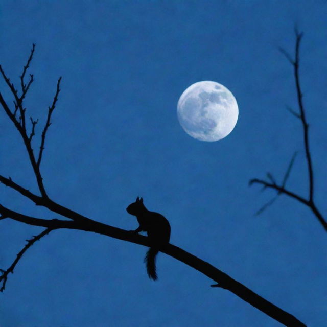 A full blue moon illuminating a silhouetted squirrel on a tree branch