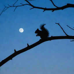 A full blue moon illuminating a silhouetted squirrel on a tree branch