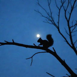 A full blue moon illuminating a silhouetted squirrel on a tree branch