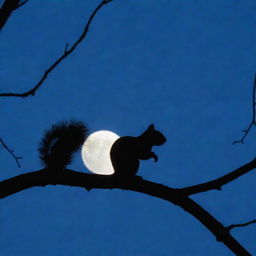 A full blue moon illuminating a silhouetted squirrel on a tree branch