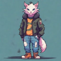 A high-quality digital art image featuring a fluffy anthropomorphic dragon donned in a grunge outfit