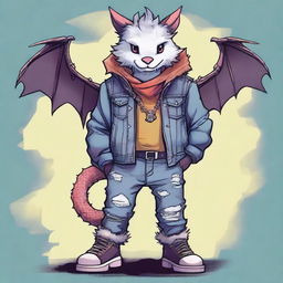 A high-quality digital art image featuring a fluffy anthropomorphic dragon donned in a grunge outfit