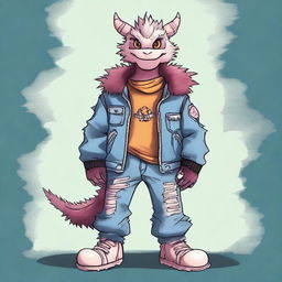 A high-quality digital art image featuring a fluffy anthropomorphic dragon donned in a grunge outfit