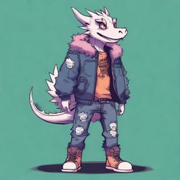 A high-quality digital art image featuring a fluffy anthropomorphic dragon donned in a grunge outfit