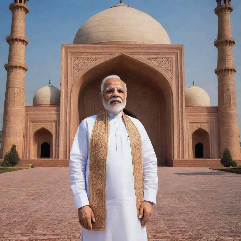 A respectful representation of Narendra Modi dressed in traditional Muslim attire with Islamic architectural motifs in the background.