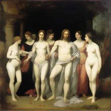 The painting depicted a mysterious and enigmatic ladies' man, surrounded by a group of mesmerized women who were under his spell.