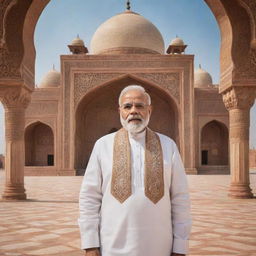 A respectful representation of Narendra Modi dressed in traditional Muslim attire with Islamic architectural motifs in the background.