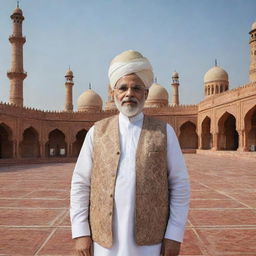 A respectful representation of Narendra Modi dressed in traditional Muslim attire with Islamic architectural motifs in the background.