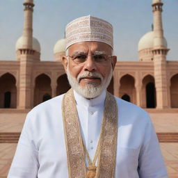 A respectful representation of Narendra Modi dressed in traditional Muslim attire with Islamic architectural motifs in the background.