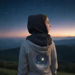 A music-loving girl in a Gryzel hoodie, gazing back at a starlit night sky.