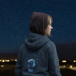 A music-loving girl in a Gryzel hoodie, gazing back at a starlit night sky.