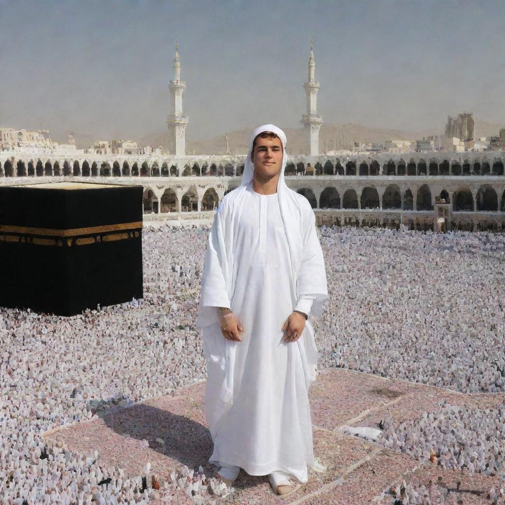 Justin Bieber performing Umrah in Mecca, wearing Ihram, with the Kaaba in the background.