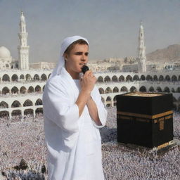 Justin Bieber performing Umrah in Mecca, wearing Ihram, with the Kaaba in the background.