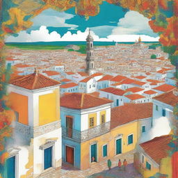 A vibrant and captivating digital art image as a book cover, featuring the city of Évora