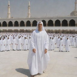 Justin Bieber performing Umrah in Mecca, wearing Ihram, with the Kaaba in the background.