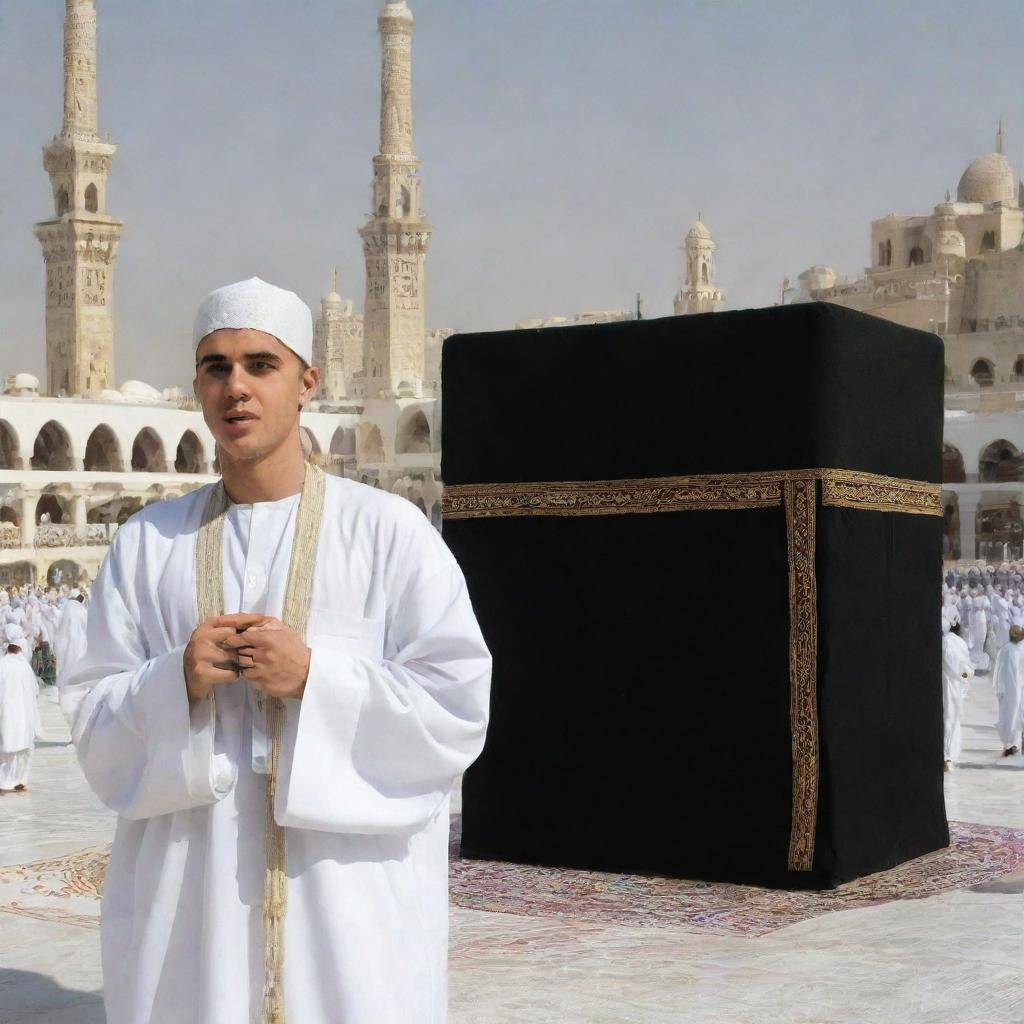 Justin Bieber performing Umrah in Mecca, wearing Ihram, with the Kaaba in the background.