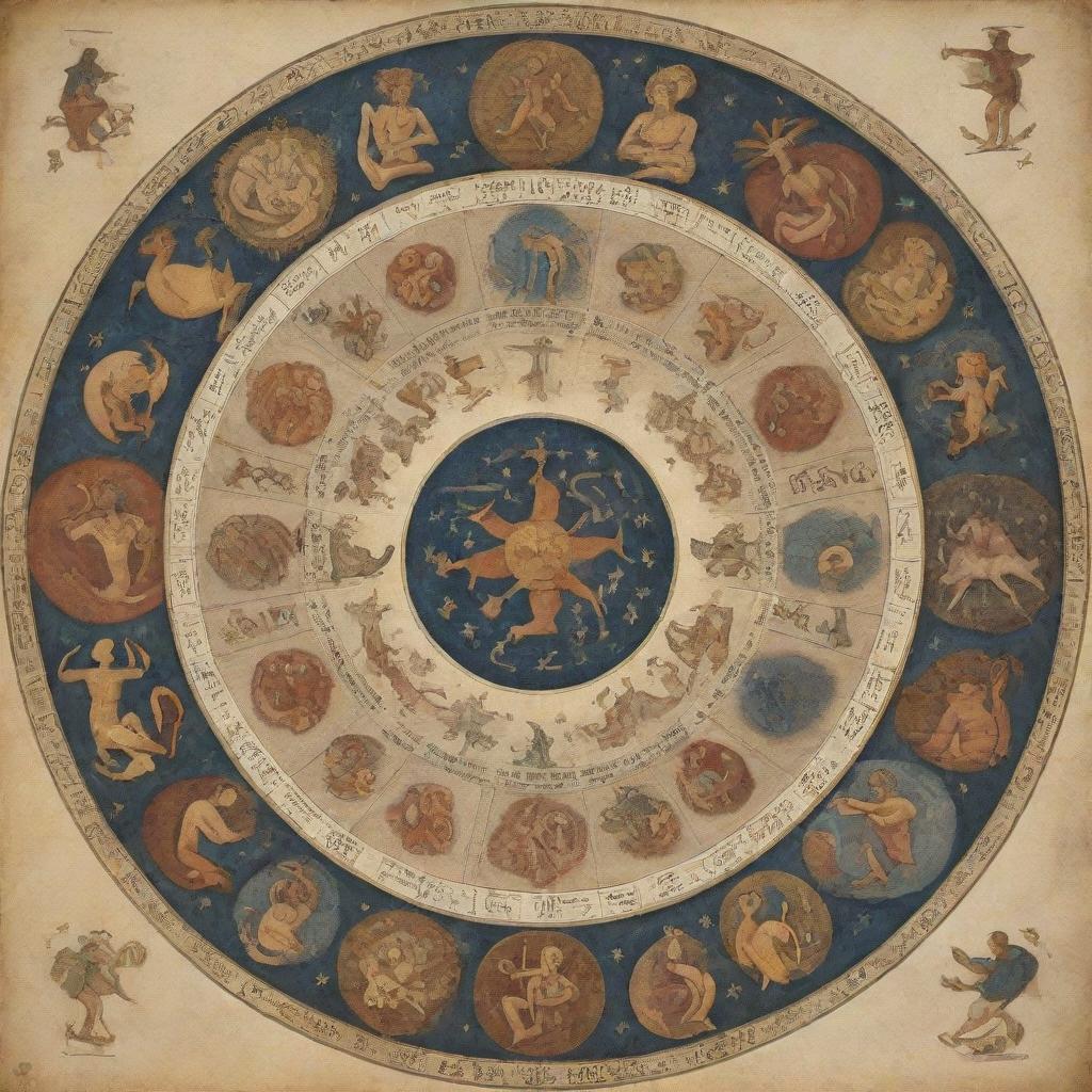 A stylized representation of the Zodiac signs, each personified by a human figure embodying the unique traits of each sign.