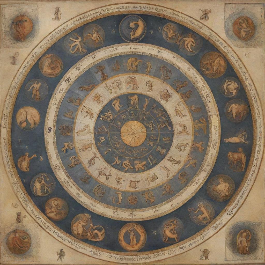 A stylized representation of the Zodiac signs, each personified by a human figure embodying the unique traits of each sign.