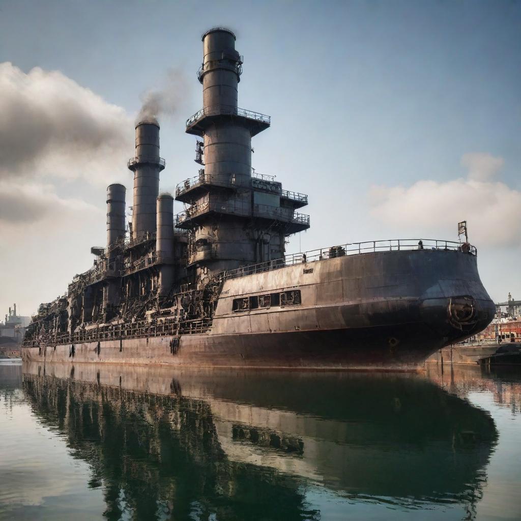 Dieselpunk-style ships reflecting the aesthetics of diesel-based, interwar technology, with rugged designs, mechanical gears, iron elements and large smokestacks