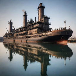 Dieselpunk-style ships reflecting the aesthetics of diesel-based, interwar technology, with rugged designs, mechanical gears, iron elements and large smokestacks