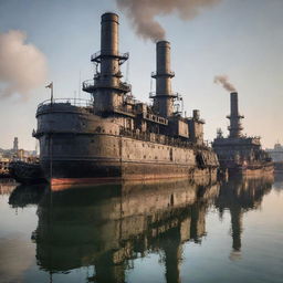 Dieselpunk-style ships reflecting the aesthetics of diesel-based, interwar technology, with rugged designs, mechanical gears, iron elements and large smokestacks