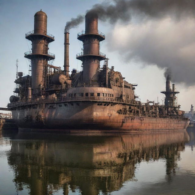 Dieselpunk-style ships reflecting the aesthetics of diesel-based, interwar technology, with rugged designs, mechanical gears, iron elements and large smokestacks