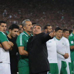 Algerian coach Djamel Baddi decisively arranging a match lineup, with a diverse and passionate crowd of 40 million individuals rallying supportively behind him.