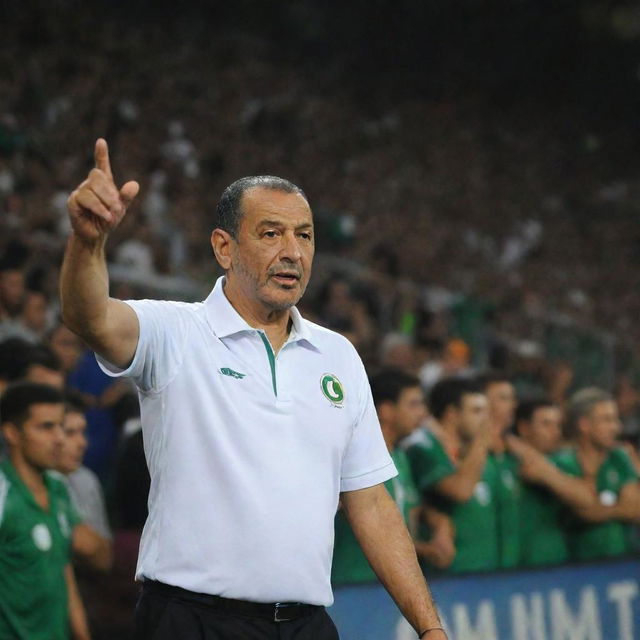 Algerian coach Djamel Baddi decisively arranging a match lineup, with a diverse and passionate crowd of 40 million individuals rallying supportively behind him.