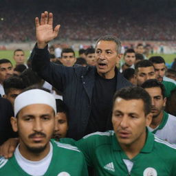 Algerian coach Djamel Baddi decisively arranging a match lineup, with a diverse and passionate crowd of 40 million individuals rallying supportively behind him.