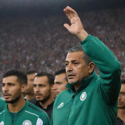 Algerian coach Djamel Baddi decisively arranging a match lineup, with a diverse and passionate crowd of 40 million individuals rallying supportively behind him.